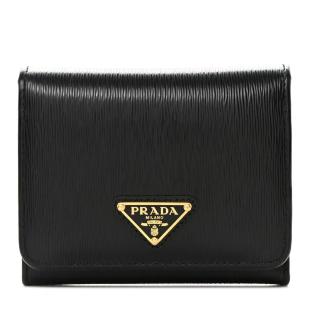 Prada Black Textured Leather Wallet with Gold Logo